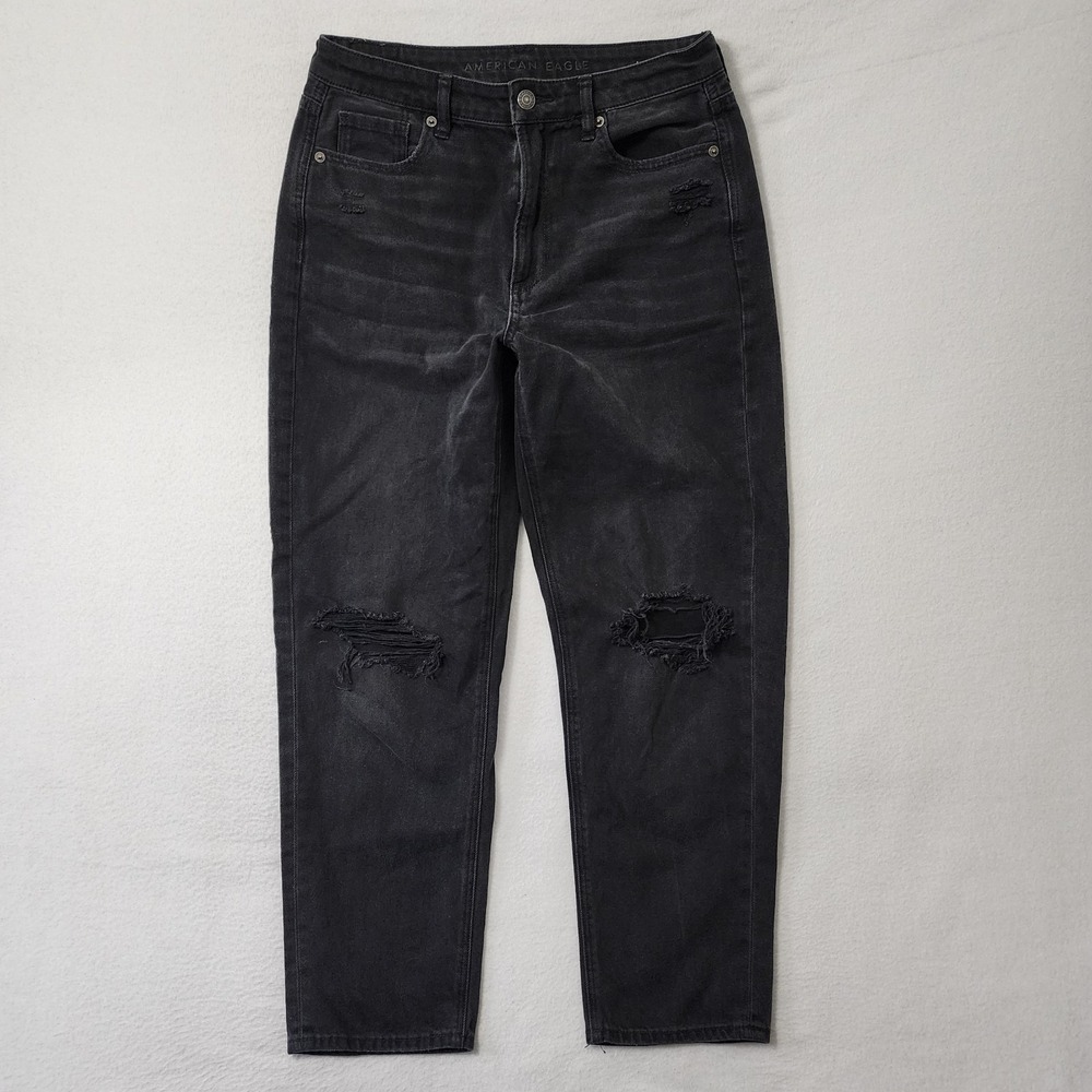 American Eagle Mom Straight Jeans Womens 8 30x26 Black Distressed Denim Grunge